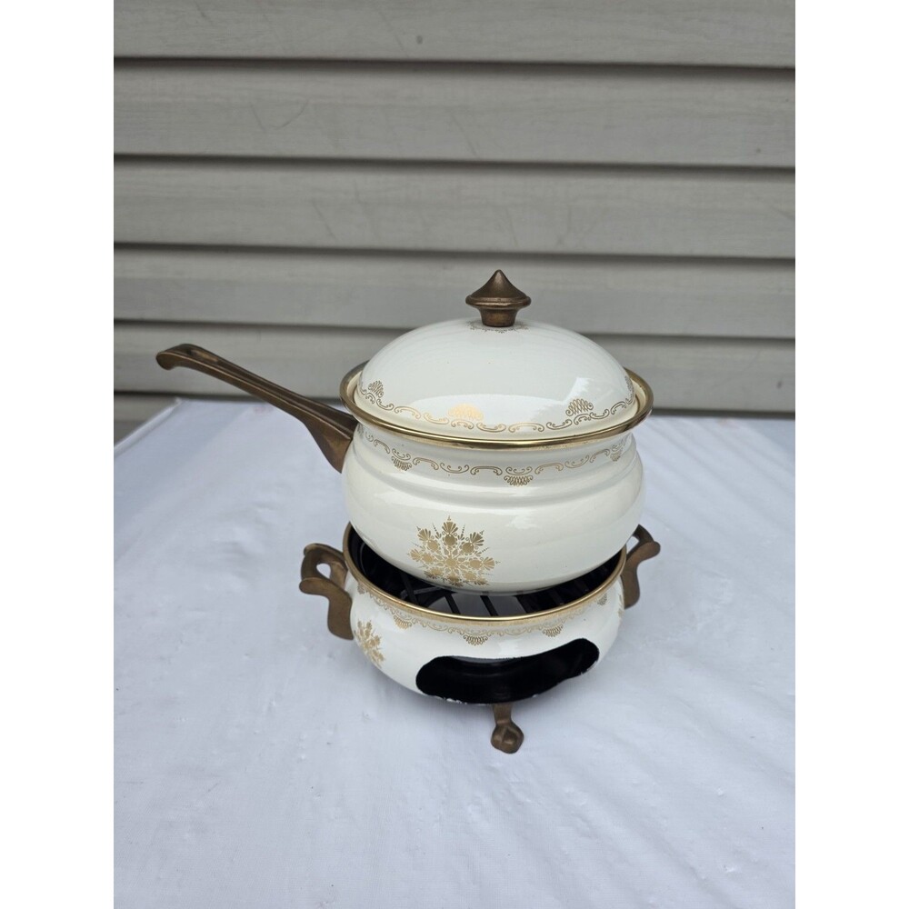 White Gold Floral Ceramic Teapot with Tealight Warmer Stand & Lid Vintage